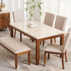 Elora Marble-Top Solid Wood Dining Set – 6 Seater