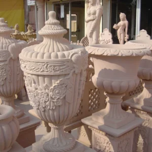 Ornate Carved Sandstone Garden Urns