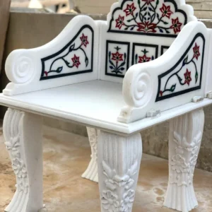 White Marble Inlay Bench with Floral Carving
