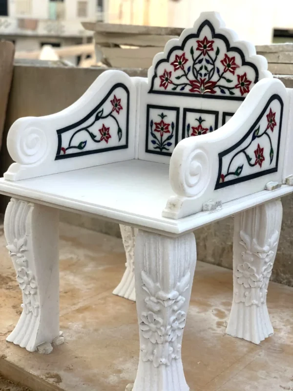 White Marble Inlay Bench with Floral Carving